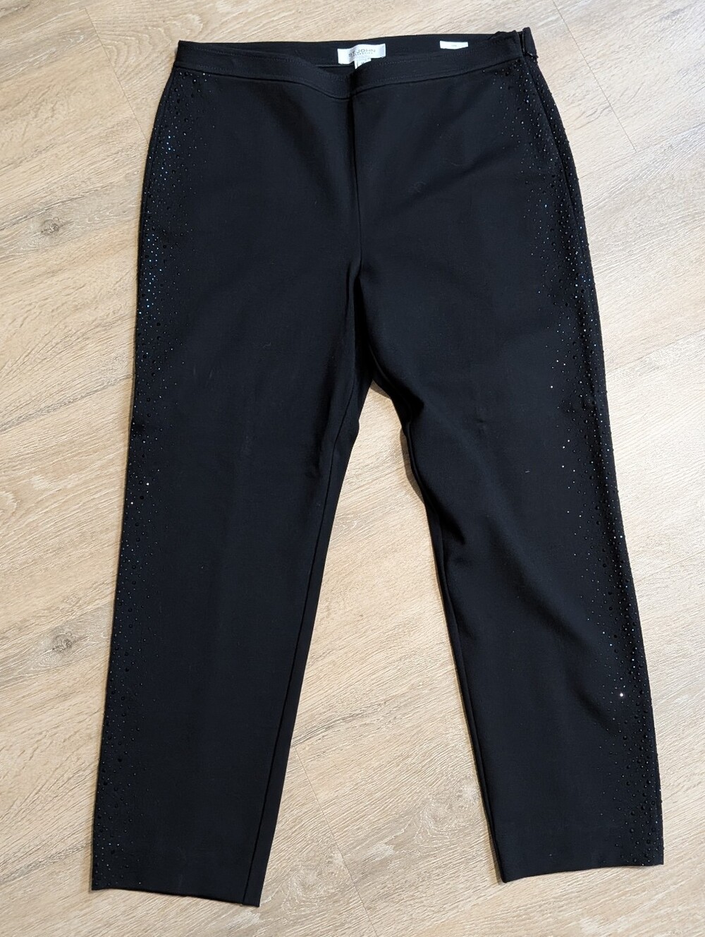 St. John Black Knit Ankle Pants Lexi Stretch Rhinestone 14